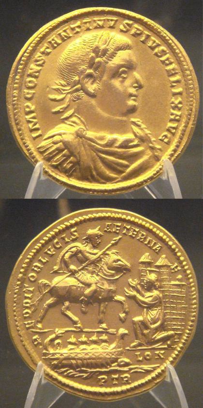 A gold Roman coin from the reign of Constantius I — coins like these were in circulation during the time when the early church spread throughout the Roman Empire.
