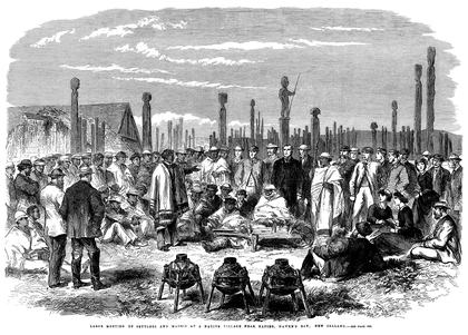 An 1863 engraving of a large outdoor gathering of British settlers and Māori people near Napier, New Zealand — meetings between different peoples shaped the history and cultures of nations around the world.
