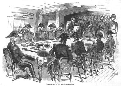 An engraving of a 19th-century military court proceeding aboard a ship — formal hearings like this required careful reading of written documents and deliberate decision-making before reaching a conclusion.