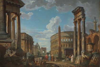 An 18th-century Italian painting depicting the Roman Colosseum, the Forum, and various ancient ruins — Rome built one of the greatest empires in history, and its roads, laws, and language shaped the Western world.