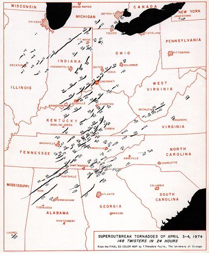 A map showing tornado tracks across multiple American states helps meteorologists study weather patterns. The United States has more tornadoes than any other country — averaging about 1,000 per year, mostly in 'Tornado Alley' in the central plains.